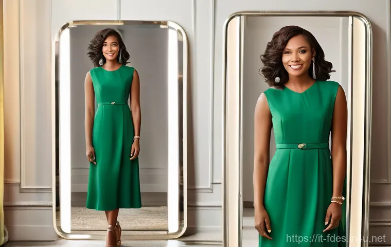 패션 코디네이터 스타일링 성공 사례 - A stylish woman in her late 20s to early 30s, standing confidently in front of a full-length mirror,...