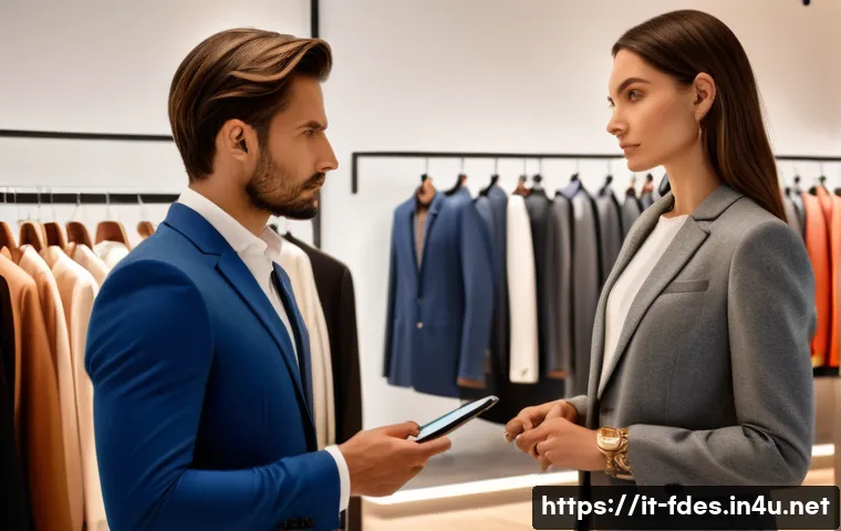 패션 코디네이터가 알아야 할 세일즈 스킬 - A sophisticated fashion coordinator attentively listening to a stylish Italian client in a modern bo...