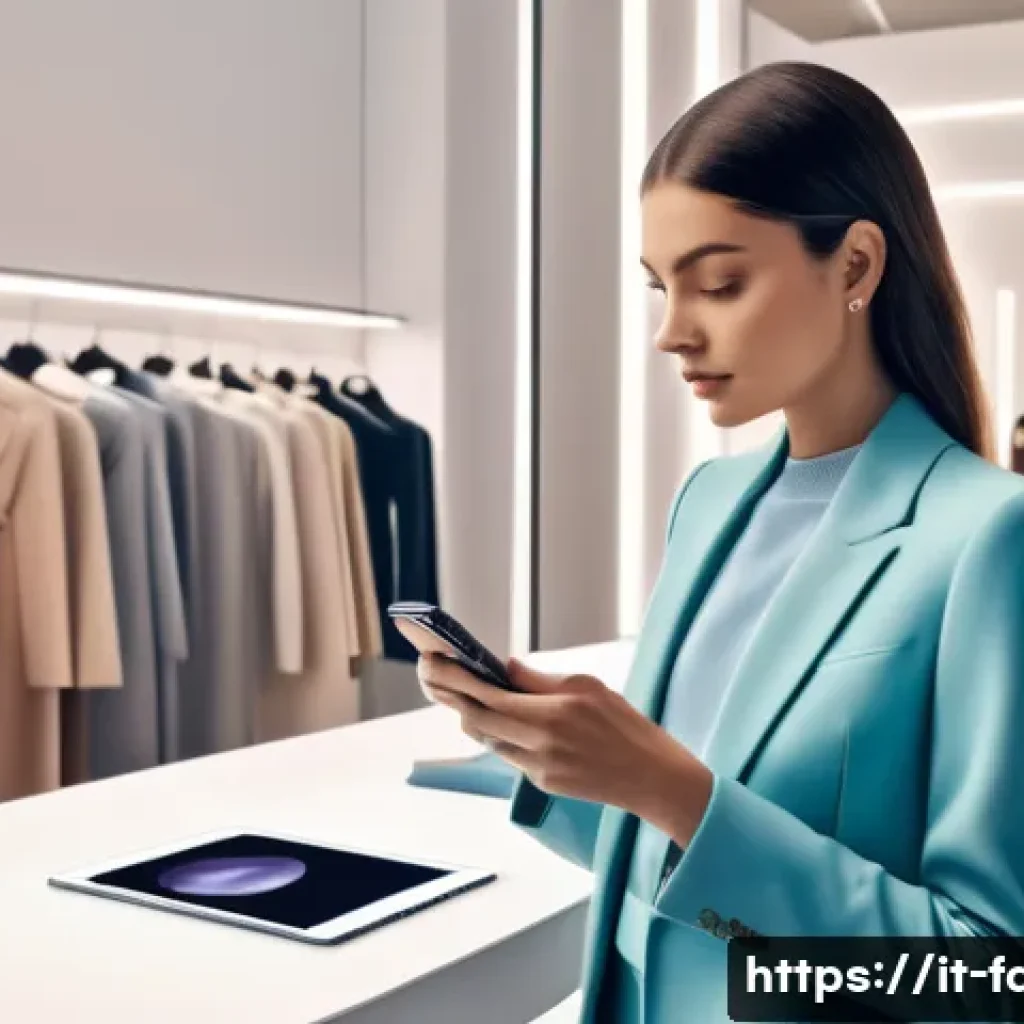 패션 코디네이터의 디지털 활용법 - A modern fashion coordinator in a stylish Milan boutique, using a sleek smartphone app with AI-power...