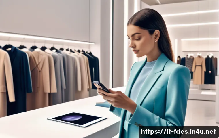 패션 코디네이터의 디지털 활용법 - A modern fashion coordinator in a stylish Milan boutique, using a sleek smartphone app with AI-power...