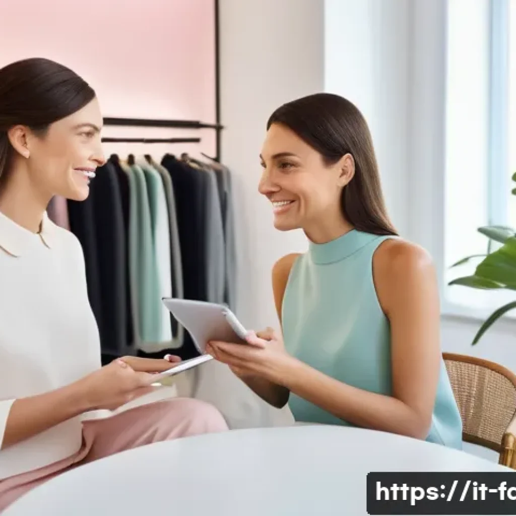 패션 코디네이터의 성공적인 고객 인터뷰 - A modern Italian fashion stylist interviewing a female client in a cozy, stylish Milanese boutique. ...