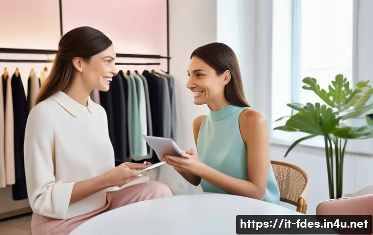 패션 코디네이터의 성공적인 고객 인터뷰 - A modern Italian fashion stylist interviewing a female client in a cozy, stylish Milanese boutique. ...