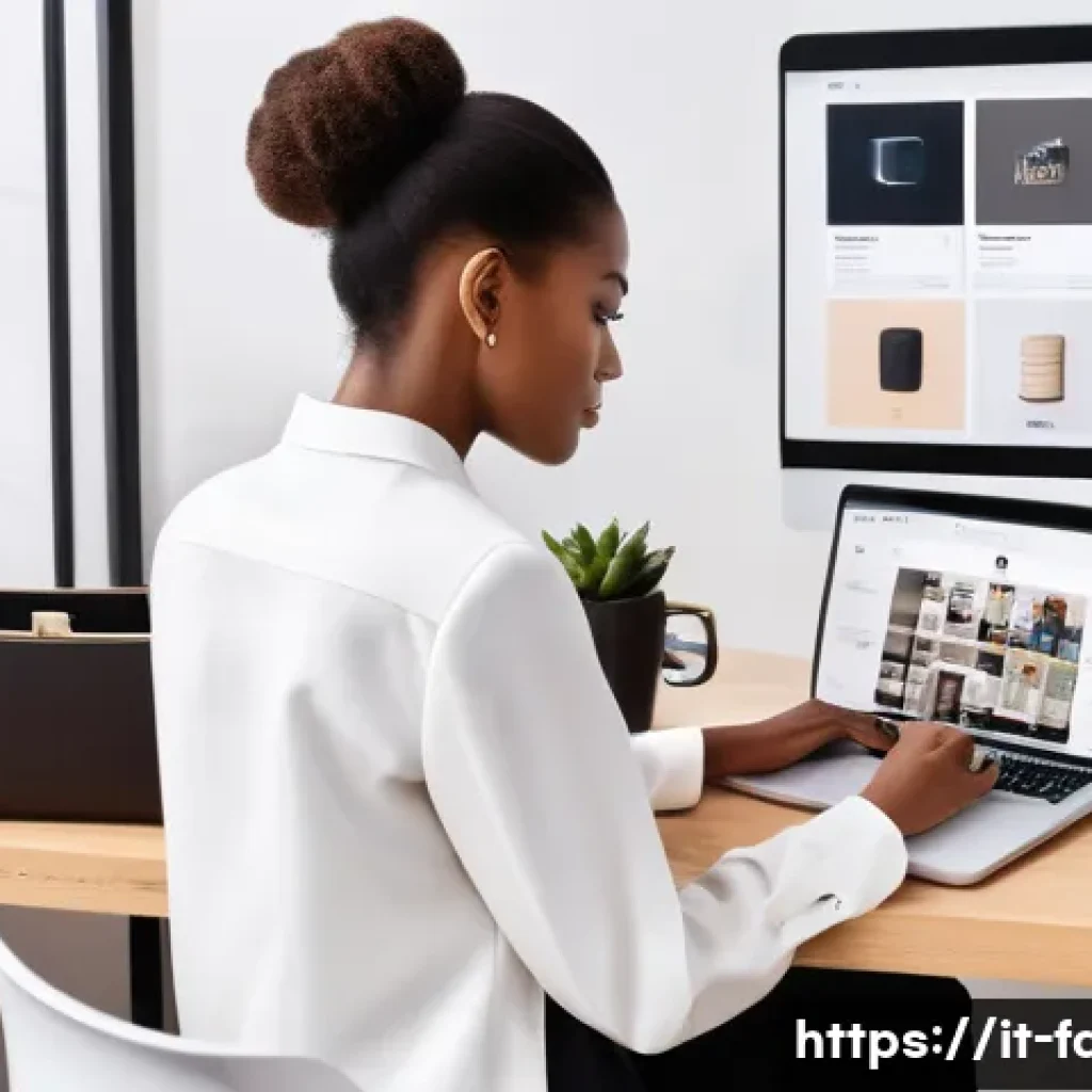 패션 코디네이터의 직업 환경 변화 - A modern fashion coordinator in a stylish office environment, working on a sleek laptop with multipl...