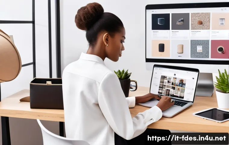 패션 코디네이터의 직업 환경 변화 - A modern fashion coordinator in a stylish office environment, working on a sleek laptop with multipl...