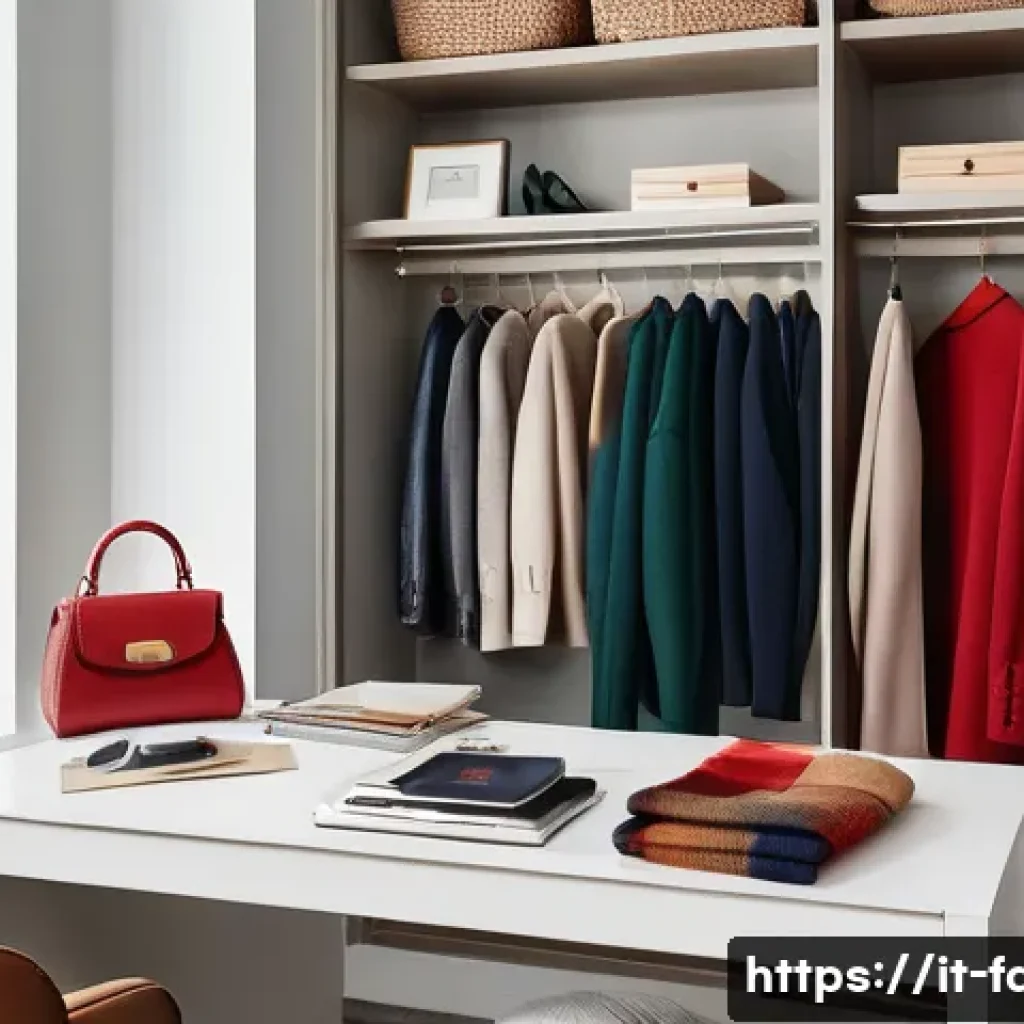 패션 코디네이터가 알아야 할 세트 구성 - A sophisticated fashion coordinator&rsquo;s workspace featuring a neatly organized wardrobe with clothing ...
