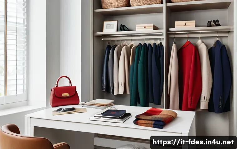 패션 코디네이터가 알아야 할 세트 구성 - A sophisticated fashion coordinator’s workspace featuring a neatly organized wardrobe with clothing ...
