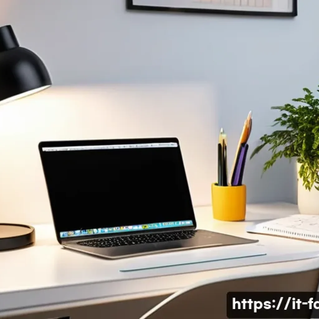 패션 코디네이터의 워라밸 관리법 - A modern, well-organized home office workspace bathed in natural daylight, featuring a clean desk wi...