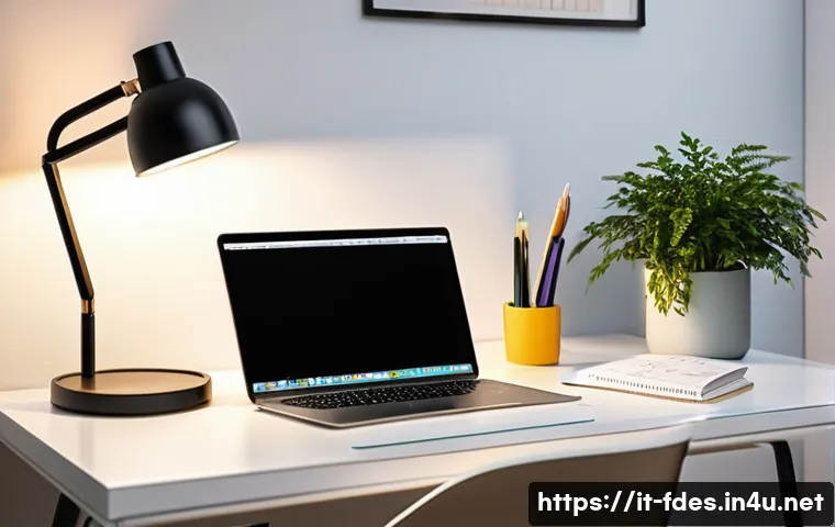 패션 코디네이터의 워라밸 관리법 - A modern, well-organized home office workspace bathed in natural daylight, featuring a clean desk wi...