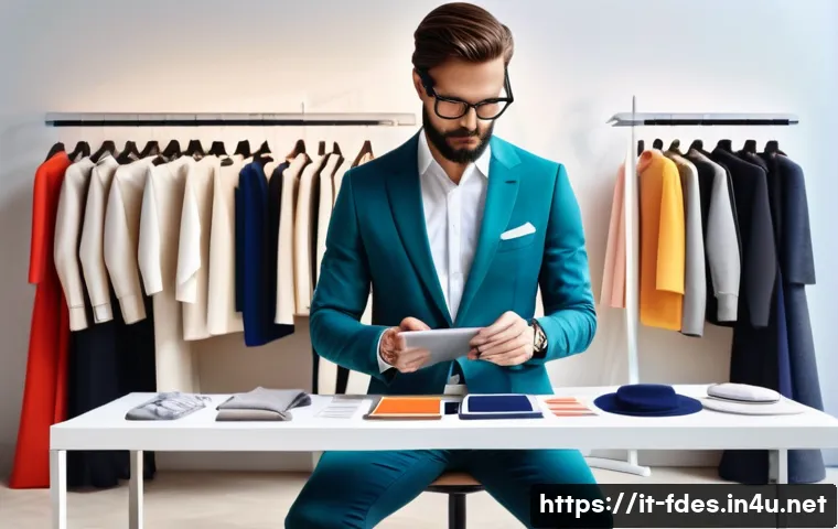 패션 코디네이터 인터뷰 질문과 답변 - A stylish fashion coordinator in a modern Milanese studio, surrounded by racks of high-end Italian d...