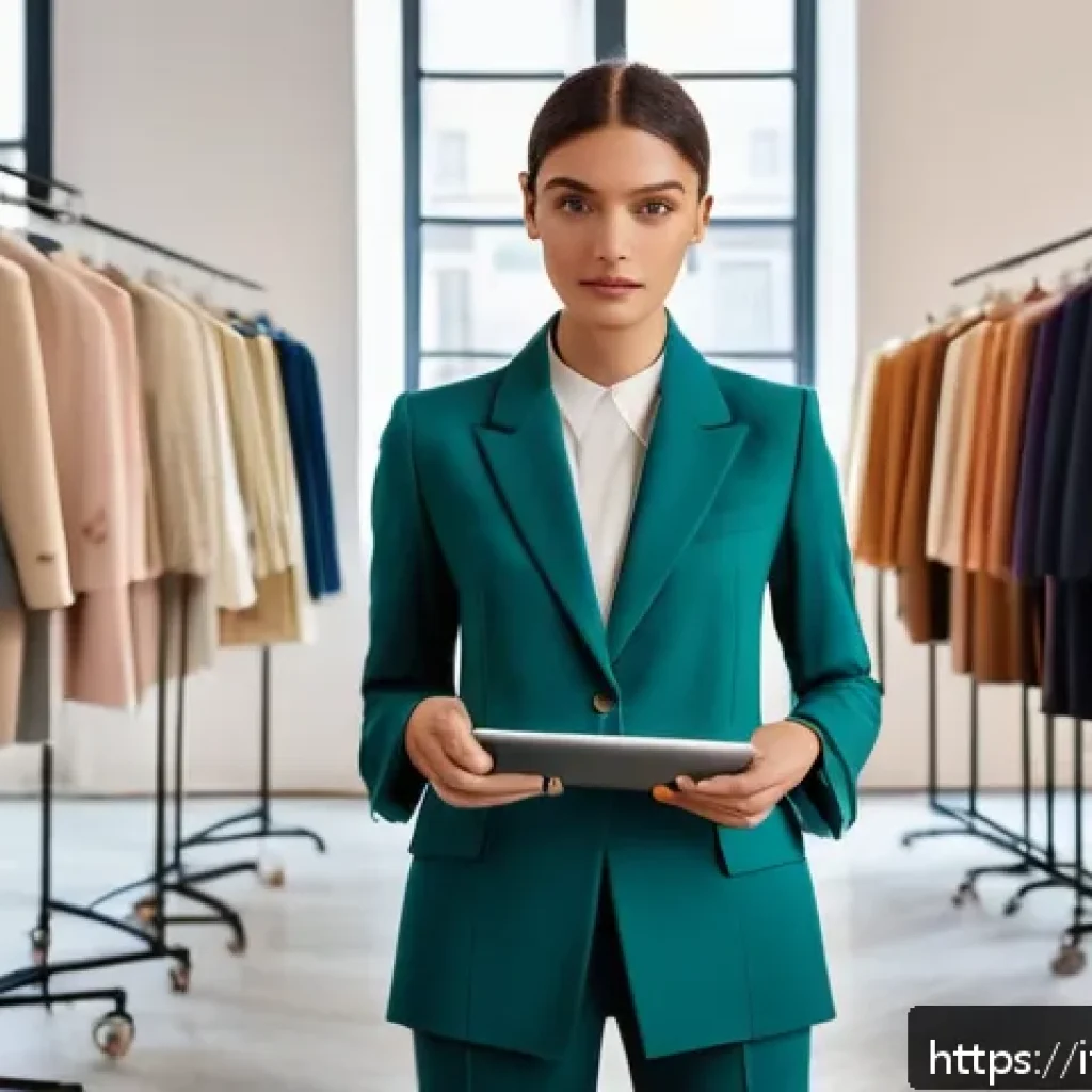 패션 코디네이터의 장기 목표 설정법 - A confident female fashion coordinator in her late 20s, standing in a stylish Milanese studio filled...