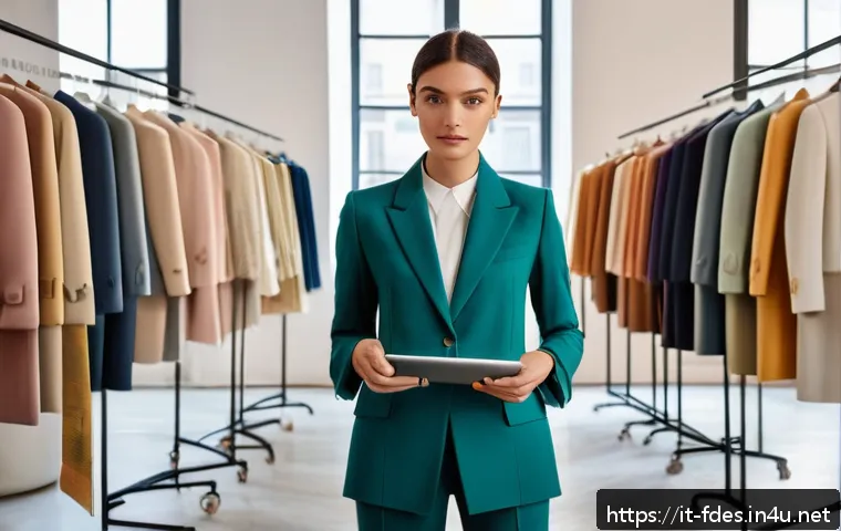 패션 코디네이터의 장기 목표 설정법 - A confident female fashion coordinator in her late 20s, standing in a stylish Milanese studio filled...
