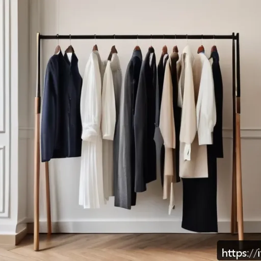 패션 코디네이터 업무사례 - A stylish Italian woman standing in front of an open wardrobe filled with carefully organized clothi...