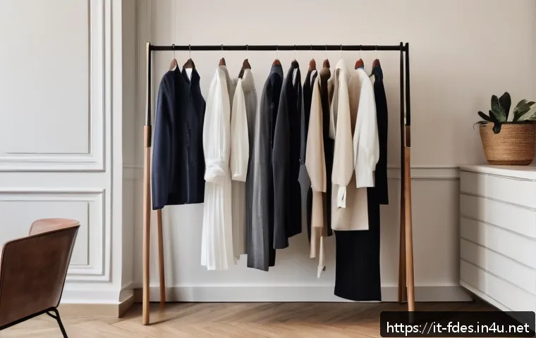패션 코디네이터 업무사례 - A stylish Italian woman standing in front of an open wardrobe filled with carefully organized clothi...
