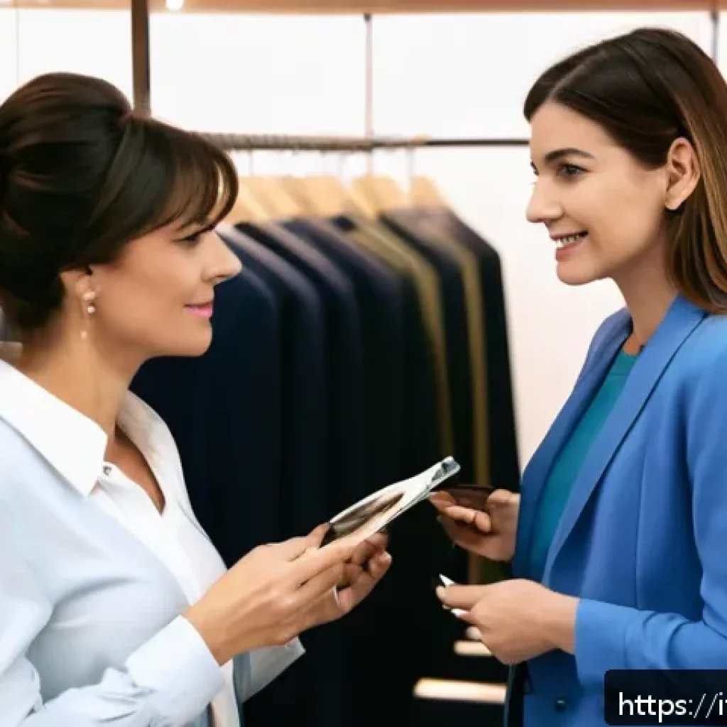 패션 코디네이터 고객 유지 전략 - A sophisticated Italian fashion boutique scene featuring a stylish female fashion coordinator attent...