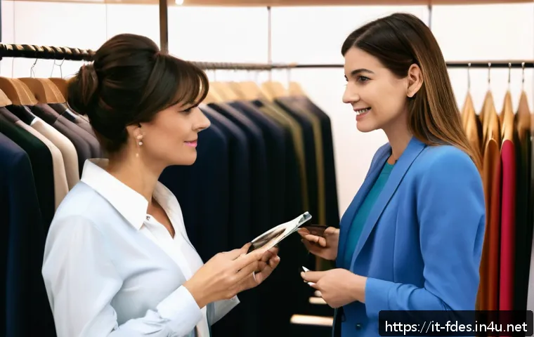 패션 코디네이터 고객 유지 전략 - A sophisticated Italian fashion boutique scene featuring a stylish female fashion coordinator attent...