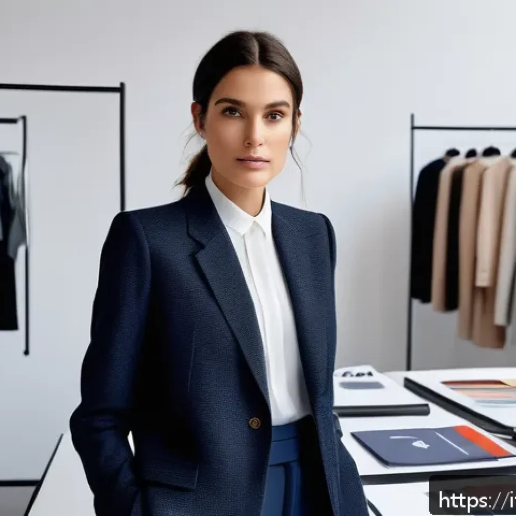 패션 코디네이터의 성공 사례 인터뷰 - A professional fashion coordinator in a sleek, modern Milan studio, surrounded by mood boards, digit...