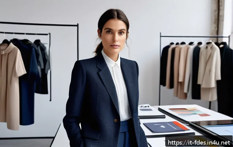 패션 코디네이터의 성공 사례 인터뷰 - A professional fashion coordinator in a sleek, modern Milan studio, surrounded by mood boards, digit...