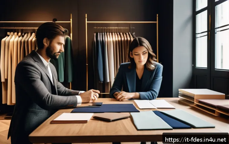 패션 코디네이터와 고객 유형별 피드백 사례 - A modern fashion coordinator working attentively with an Italian client in a stylish boutique settin...