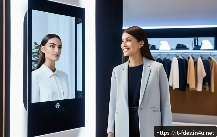 패션 코디네이터가 추천하는 패션 기술 - A modern Italian boutique interior featuring a smart mirror with augmented reality technology, displ...
