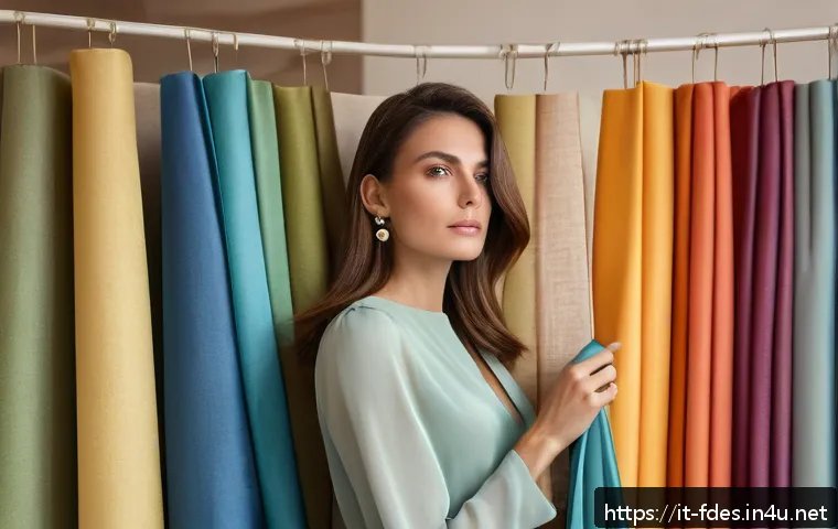 패션 코디네이터의 고객 취향 맞춤형 코디 - A stylish Italian woman in her early 30s standing in a bright, elegant boutique filled with colorful...