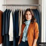 Home 19 패션 코디네이터의 전문적인 상담 스킬 - A stylish Italian woman in her early 30s standing confidently in a modern, well-organized walk-in wa...