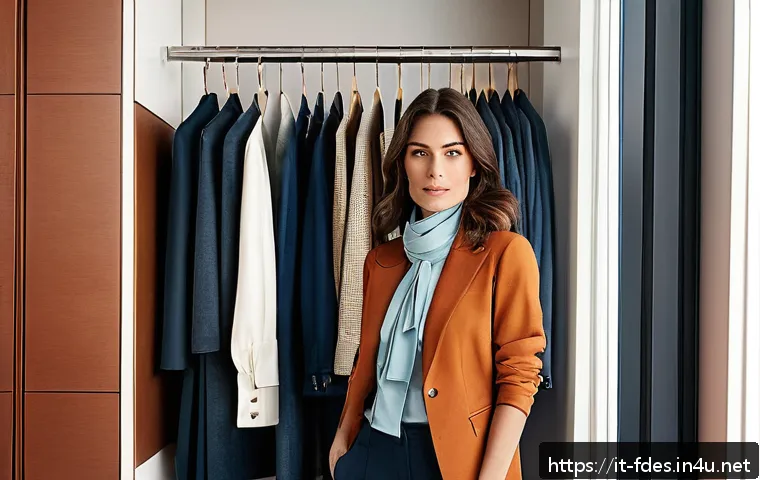 패션 코디네이터의 전문적인 상담 스킬 - A stylish Italian woman in her early 30s standing confidently in a modern, well-organized walk-in wa...