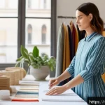 Home 18 패션 코디네이터의 지속 가능한 패션 전략 - A vibrant fashion studio scene showcasing a diverse group of designers and artisans collaborating on...