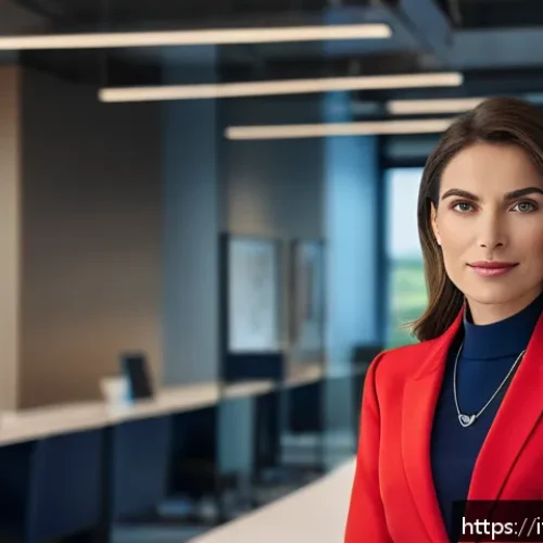 Home 17 패션 코디네이터가 알아야 할 색채학 - A confident professional woman standing in a modern office environment wearing a vibrant red tailore...