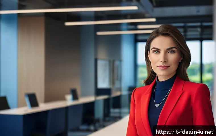 패션 코디네이터가 알아야 할 색채학 - A confident professional woman standing in a modern office environment wearing a vibrant red tailore...