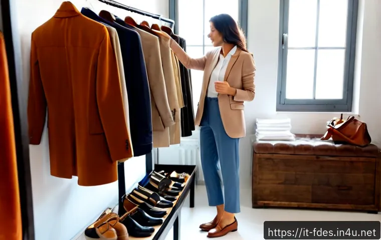 Home 17 패션 코디네이터와 쇼핑몰 스타일링 팁 - Photorealistic Italian fashion coordinator in a bright Milan boutique studio, thoughtfully arranging...